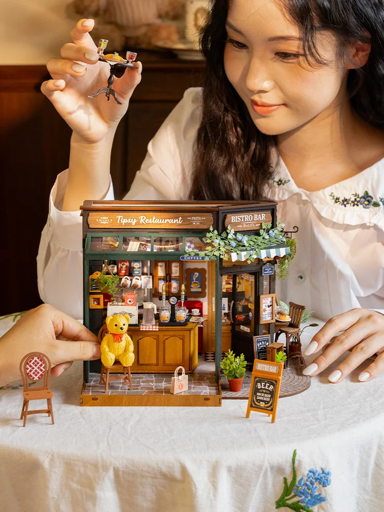 Robotime Rolife Tipsy Restaurant kit DIY Miniature House Kit Desk Bookshelf Decoration for Adults Gift Idea For Girls Boys Kids-animated-img