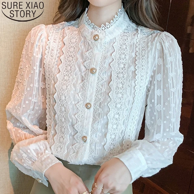 White Lace Blouse Shirt Ladies Tops 