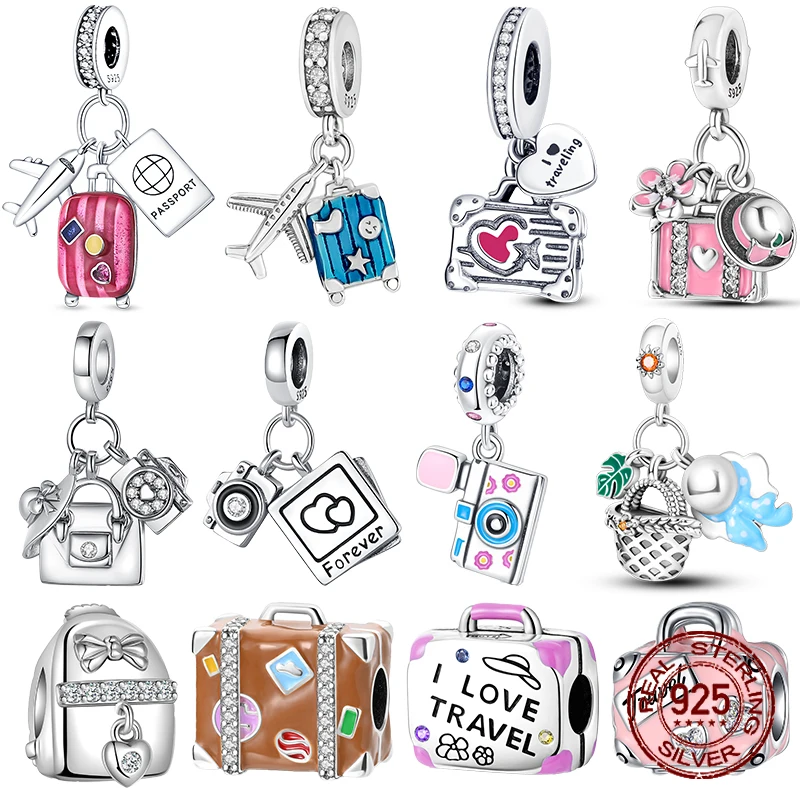 925 Sterling Silver Travel theme suitcase camera bag pendant Beads  Charms Fit Original Pandora Bracelets Women DIY Jewelry Gift-animated-img