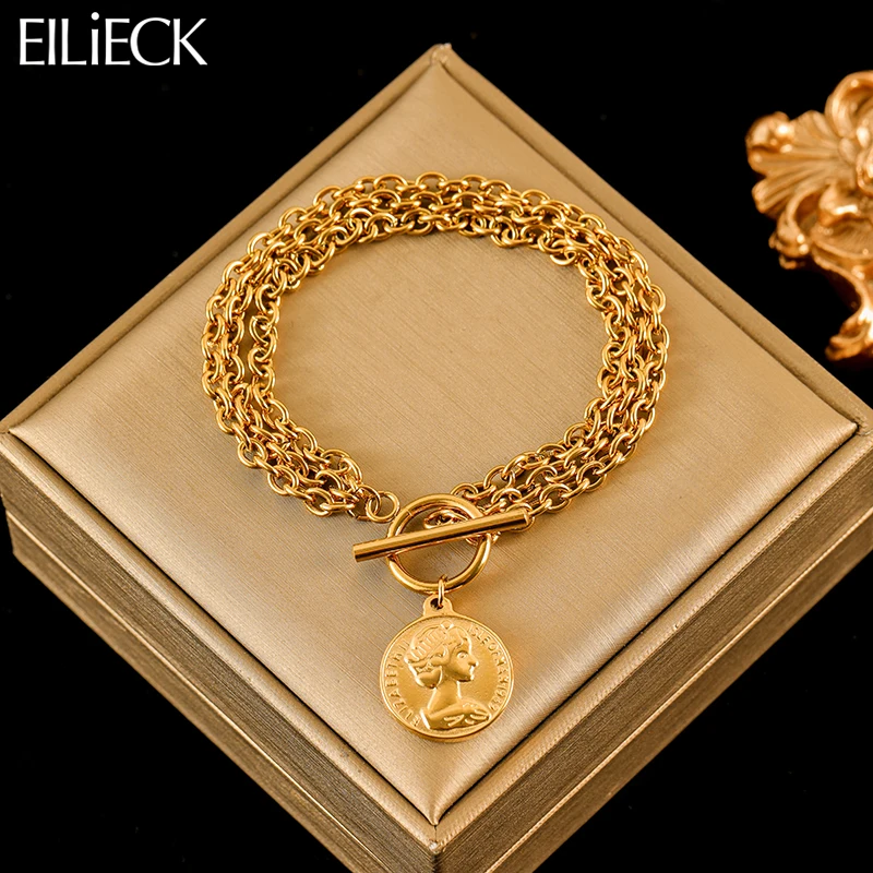 EILIECK 316L Stainless Steel Gold Color Portrait Coin Charm Bracelet Trendy Wrist Chain Jewelry For Women Girl Holiday Gifts-animated-img