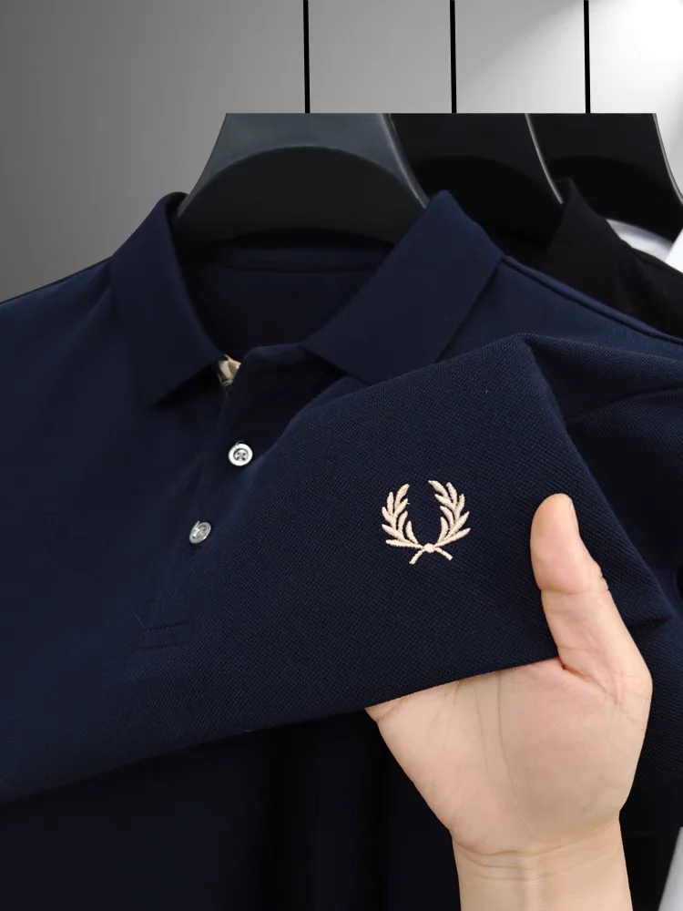 Luxury Brand Men's Polo Shirt 100% Cotton Wheat Ear Embroidered Lapel Short Sleeve T-Shirt British Summer Fashion Business Men's-animated-img
