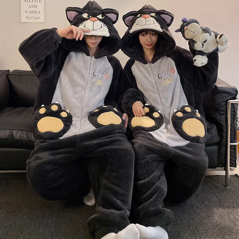 Winter Sleepwear Fleece Jumpsuits Dinosaur Pajamas Men Warm Flannel Women Anime Onesie Adults Cartoon Overalls Thicken Homewear-animated-img