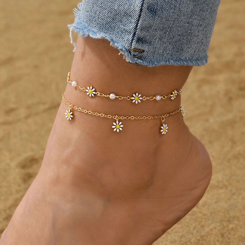 Elegant Daisy Flower Anklet with Handmade Pearl Chain Anklets for Women Summer Beach Sandals Accessories Bracelet on The Leg-animated-img