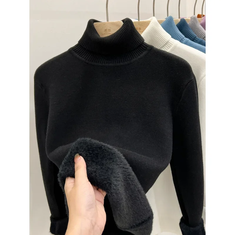 Women's Polo/Turtle Neck Long Sleeve Fleece-Lined Thickened Inner One-Piece Velvet Sweater Stylish Warm Base Layer Autumn/Winter-animated-img