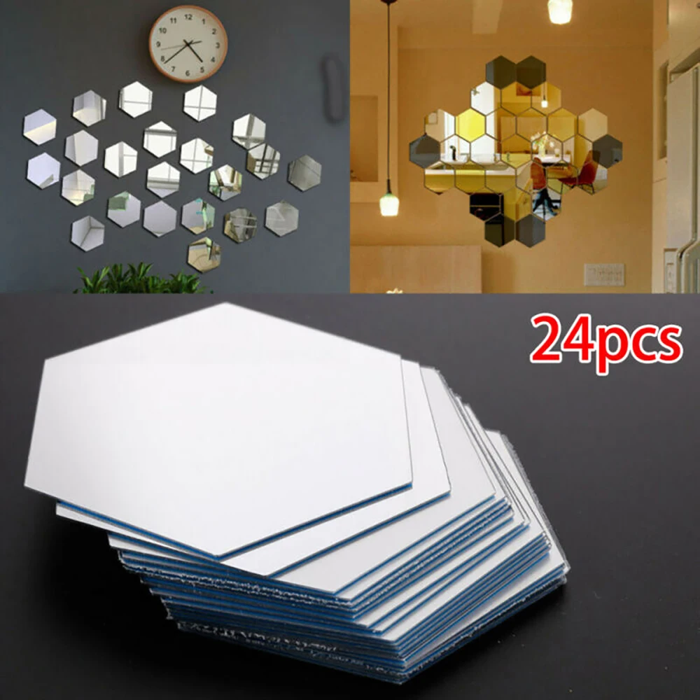 ​24pcs 3D Hexagon Mirror Wall Sticker Decal Home Room Washroom Decor DIY Self-adhesive Removable Mirror Wall Decor Stickers-animated-img