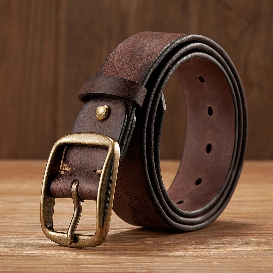 Thick Cowhide Copper Pin Buckle Real Genuine Leather Belt For Jeans Fashion Casual Belt Men Waistband Retro Luxury Male Strap-animated-img