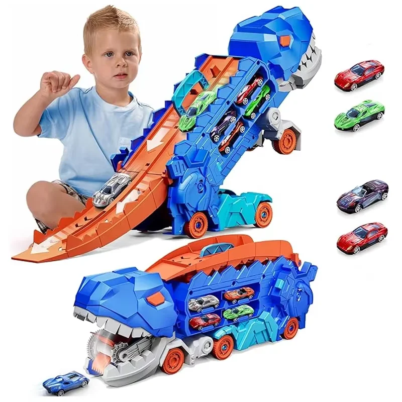 Transport Dinosaur Truck with Foldable into Standing Transforms Sliding Race Track T-rex Best Birthday Gifts Toys Boys And Girls