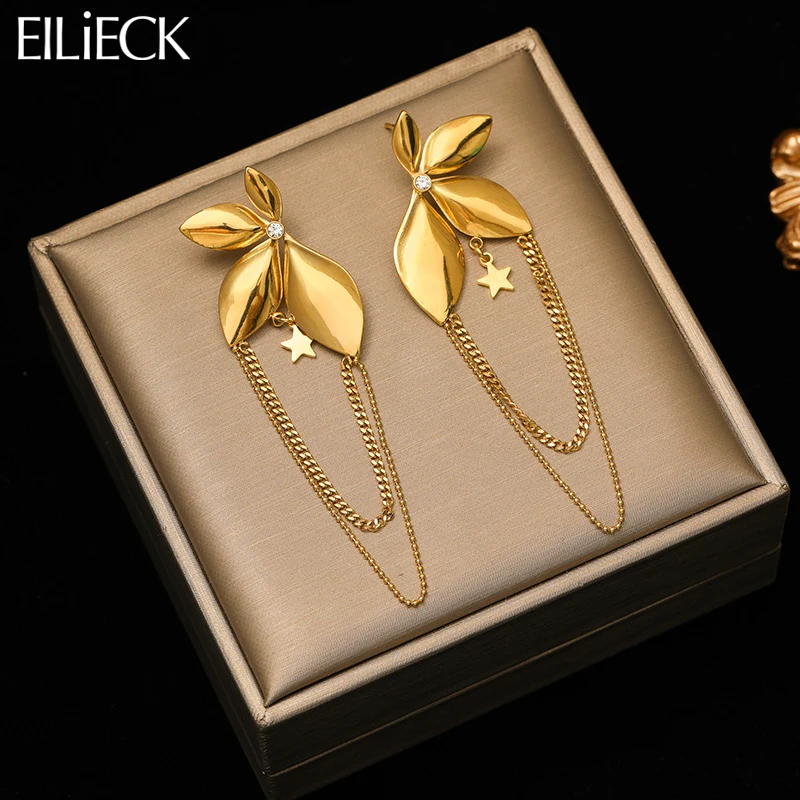 EILIECK 316L Stainless Steel Gold Color Symmetrical Flower Tassel Earrings For Women Fashion Waterproof Ear Drop Jewelry Gift-animated-img