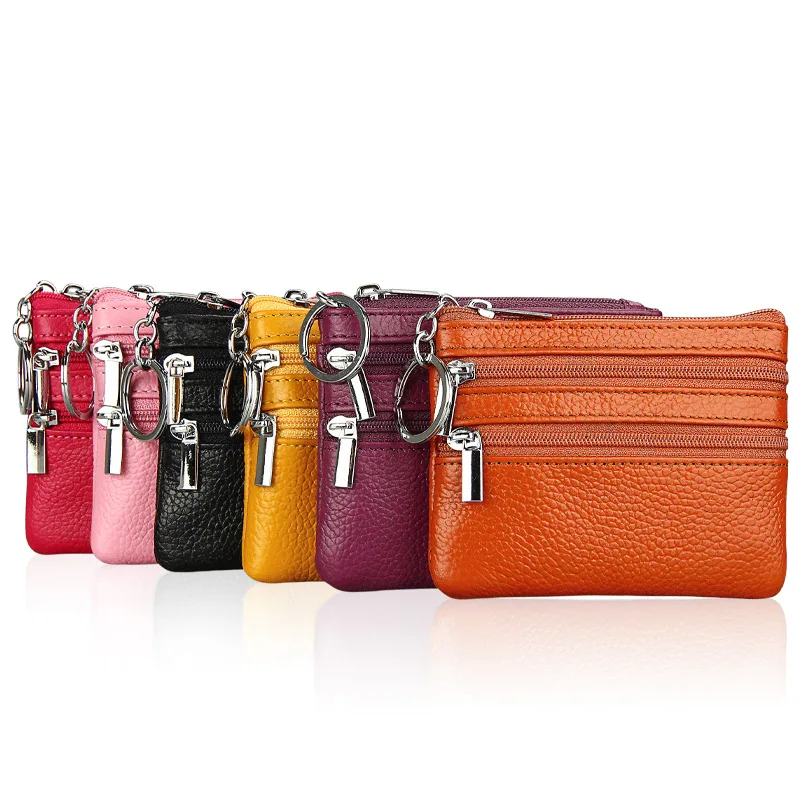 Fashion Women Genuine Leather Coin Purse Small Zipper Card Holder Mini Pouch Change Wallet with Keychain-animated-img