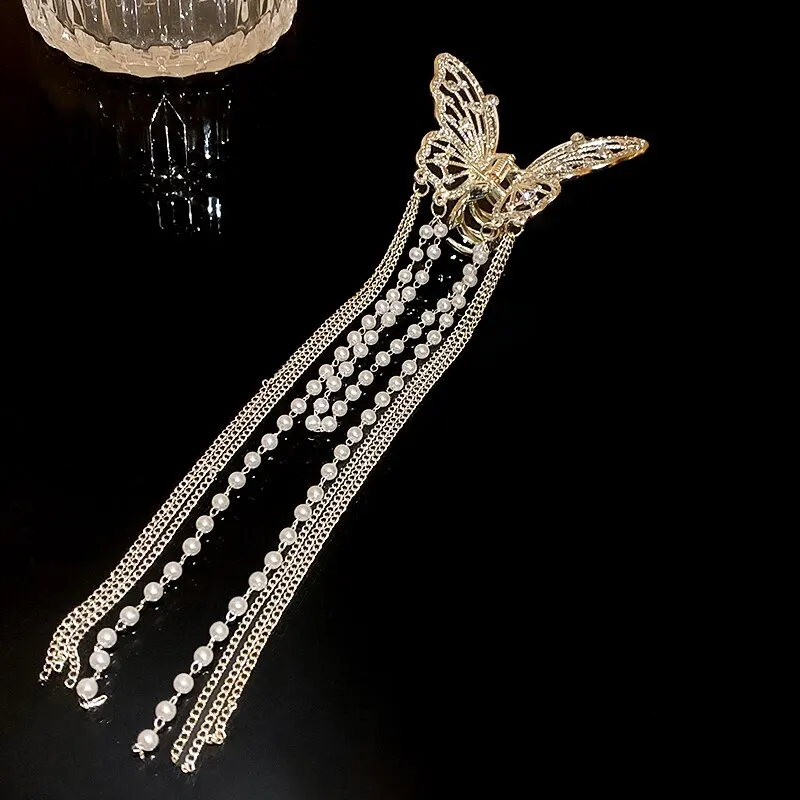 Butterfly Hair Clip With Long Tassel Hair Accessories For Women Elegant Imitation Pearl Rhinestone Shark Hairpins Jewelry-animated-img