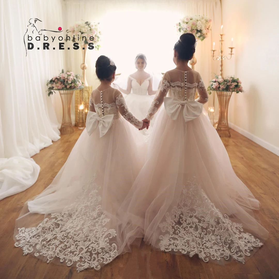 Lovely Kids Flower Girl Dresses For Wedding Long Sleeves Ball Gown