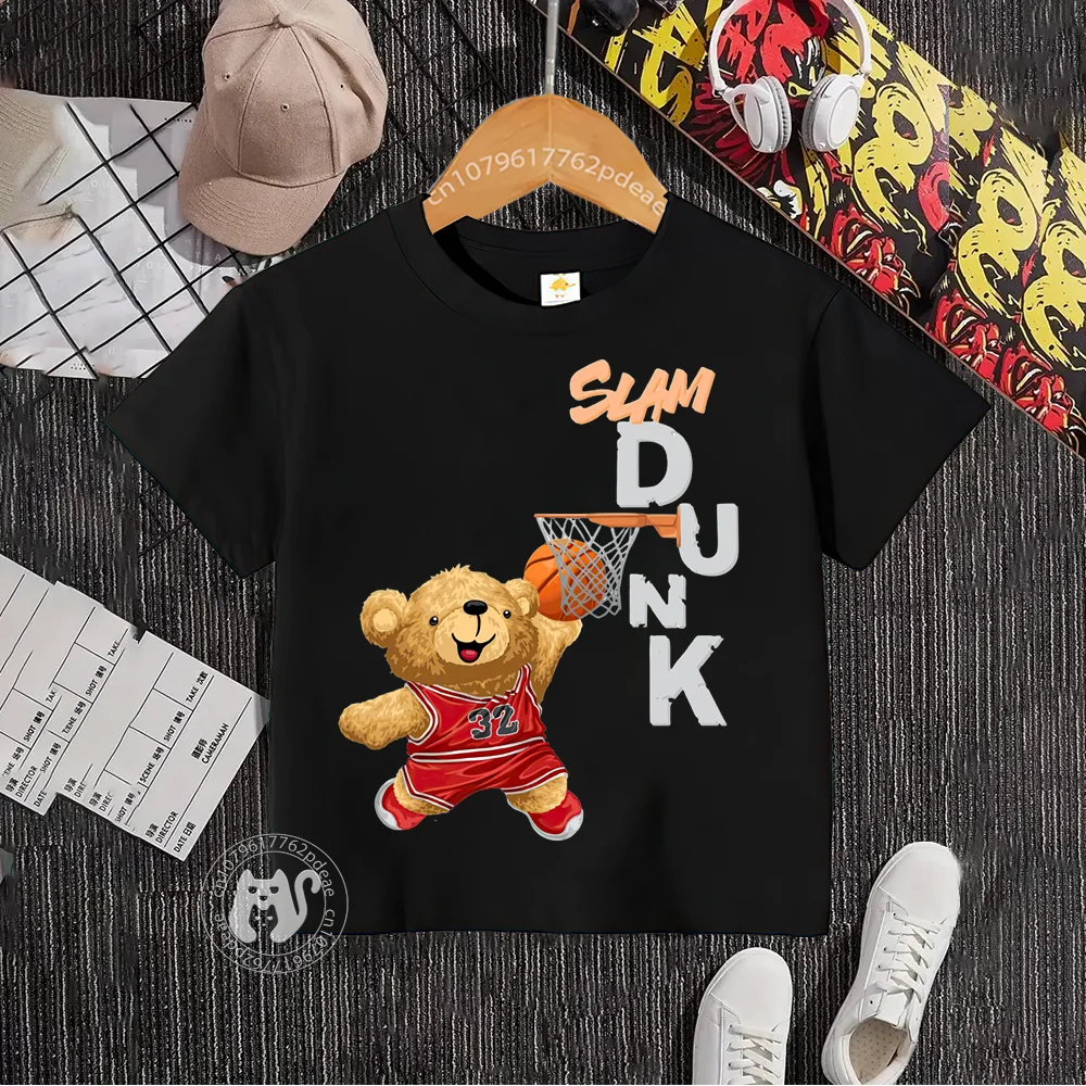 Teen Hip Hop style 100% cotton T-shirt Boys Girls Street Slam Dunk Bear pattern top Cotton T-shirt doll round neck pullover chil-animated-img