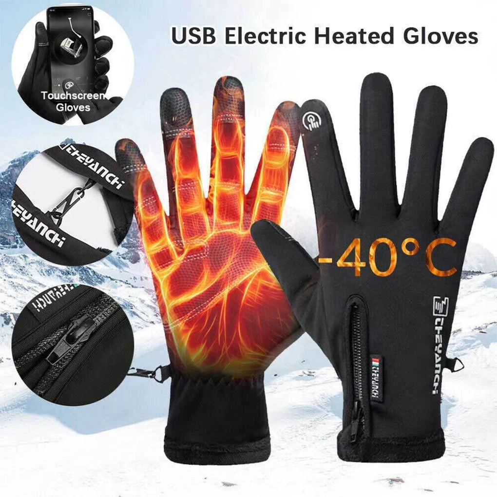 USB Bike Gloves Men/Women Heated Gloves outdoor Winter Thermal Gloves With Heating Cycling Touchscreen Electric Heating Gloves-animated-img