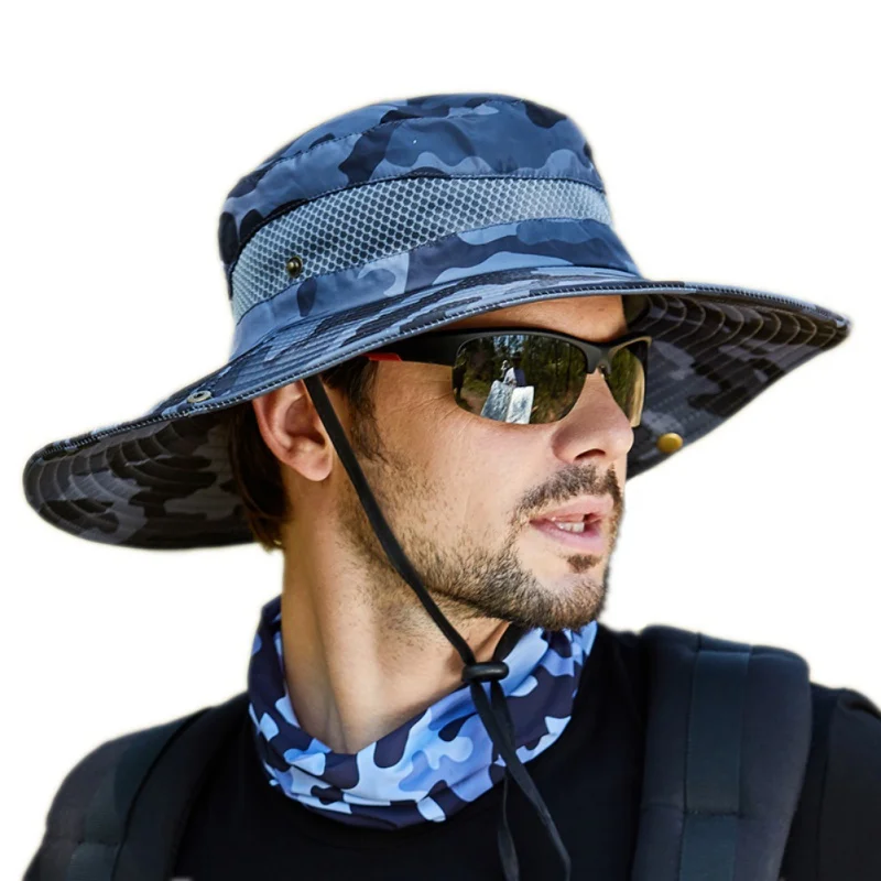 Men Bucket Hat Outdoor UV Protection Wide Brim Panama Safari Hunting Hiking Hat Mesh Fisherman Hat Beach Sunscreen Cap-animated-img