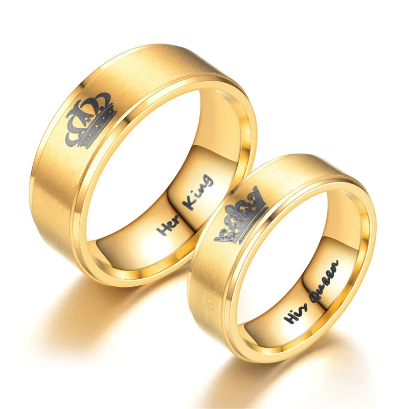 Gold Colour King Queen Crown Stainless Steel Couple Rings for Lovers Promise Men Women Valentine's Day Gifts-animated-img