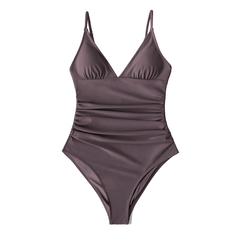 Cumpără Înot  CUPSHE Solid Burgundy Shirring One-piece Swimsuit Women Deep  V-neck Removable Bra Plain Monokinis 2023 New Summer Beach Swimwear