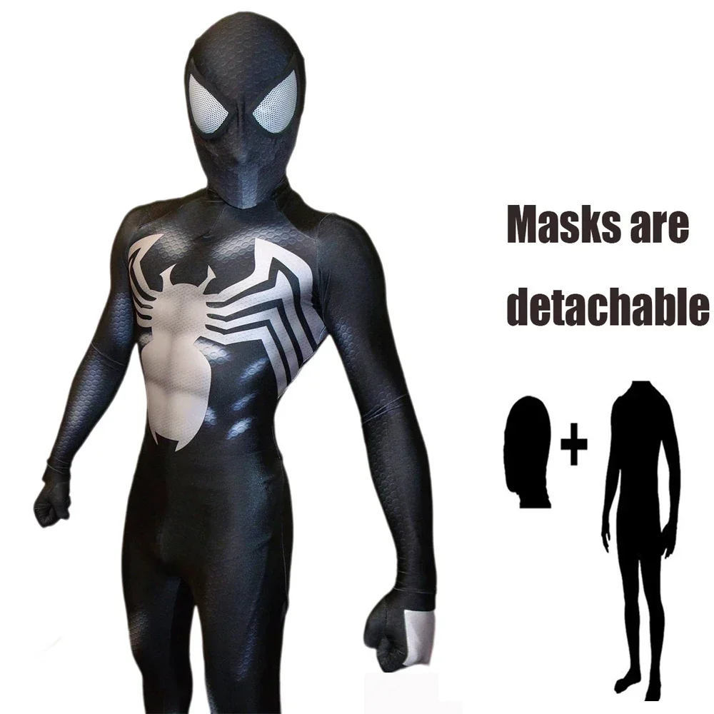 קנו אלי אקספרס  Halloween Adults Kids Black Costume Venom Symbiote 2  Spiderman SuperHero Cosplay Zentai Men Boys Male Bodysuit Party JumpSuit