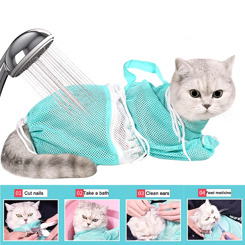 Cat Grooming Shower Bag Mesh Polyester Wash Mesh Bags Adjustable Cats Restraint Bag Prevent Scratching For Bathing Nail Trimming-animated-img