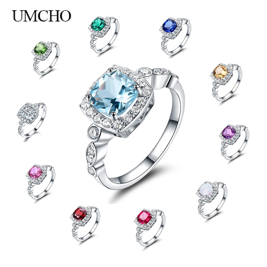 UMCHO  Real S925 Sterling Silver Rings for Women Blue Topaz Ring Gemstone Aquamarine Cushion  Romantic Gift Engagement Jewelry-animated-img