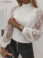 Elegant Lace Stitching Sweater Women Knitted Puff Long Sleeve Top Casual White Pullover Autumn Winter Turtleneck Sweaters 2023 preview-1