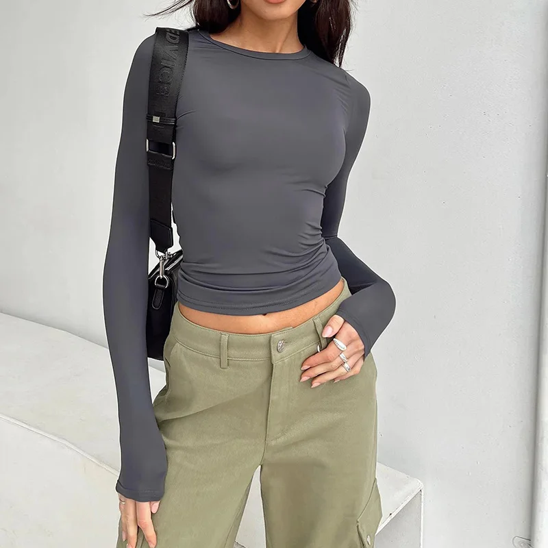 Women's Solid Color Long Sleeve Shirt Fashion 2024 Crop Top Base Layered Exercise Temperament Y2K Top Base Tops-animated-img