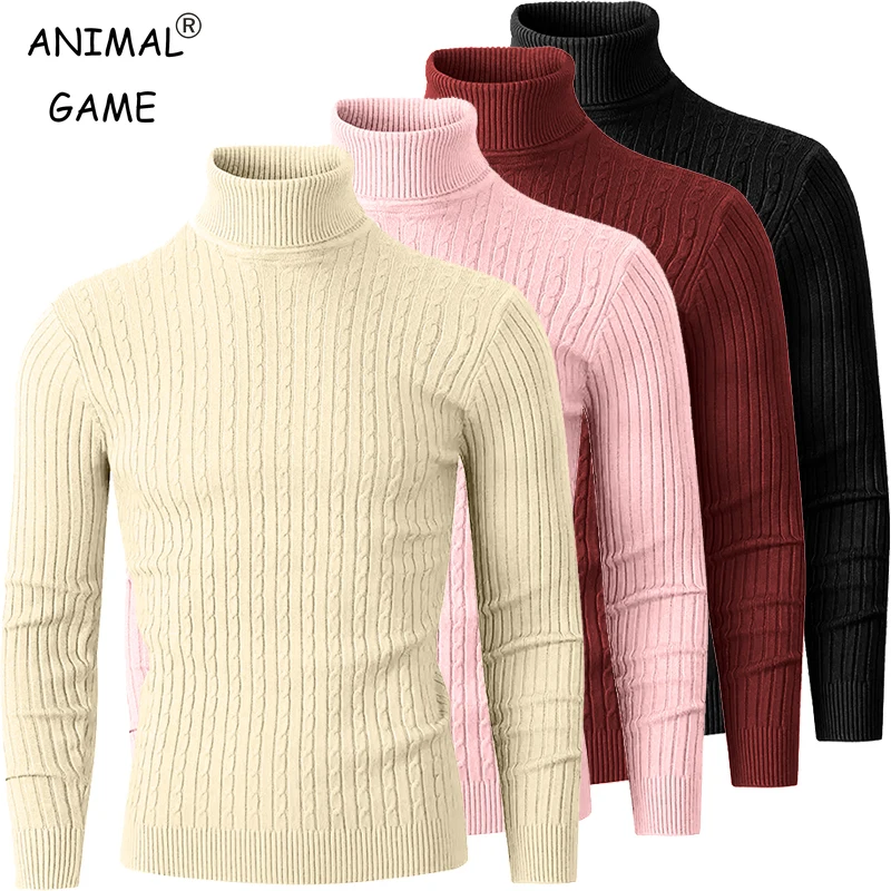 Winter Men's Turtleneck Knitted Sweater Casual Slim Fit Tops Warm Fitness Pullovers Black Oversized Sweater with Twist Patterned-animated-img