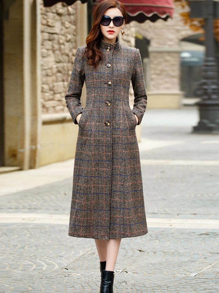 Vangull Brown Plaid Woolen Coat Women 