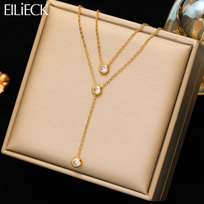 EILIECK 316L Stainless Steel Simple White Zirconia Pendant Necklace For Women Fashion 2 IN 1 Neck Chain Jewelry Holiday Gift-animated-img