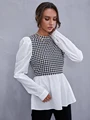 Women Elegant Houndstooth Shirt Fashion Ruffle Stitching Fluffy Long Sleeve Top Casual Chic Ladies Blouse Office White Shirts preview-3