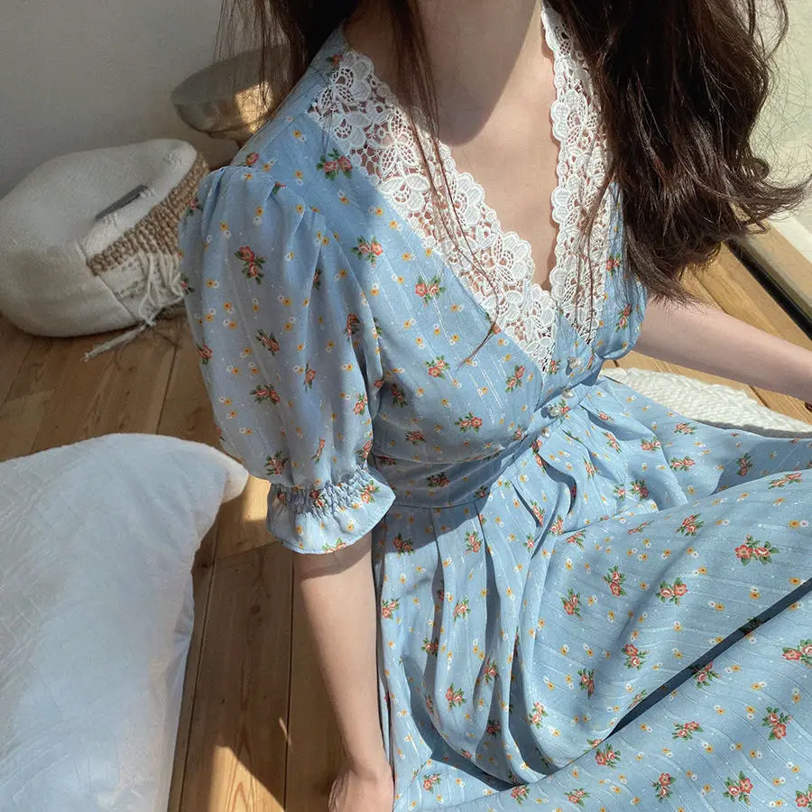 Vintage Floral Dress Women Elegant Lace 