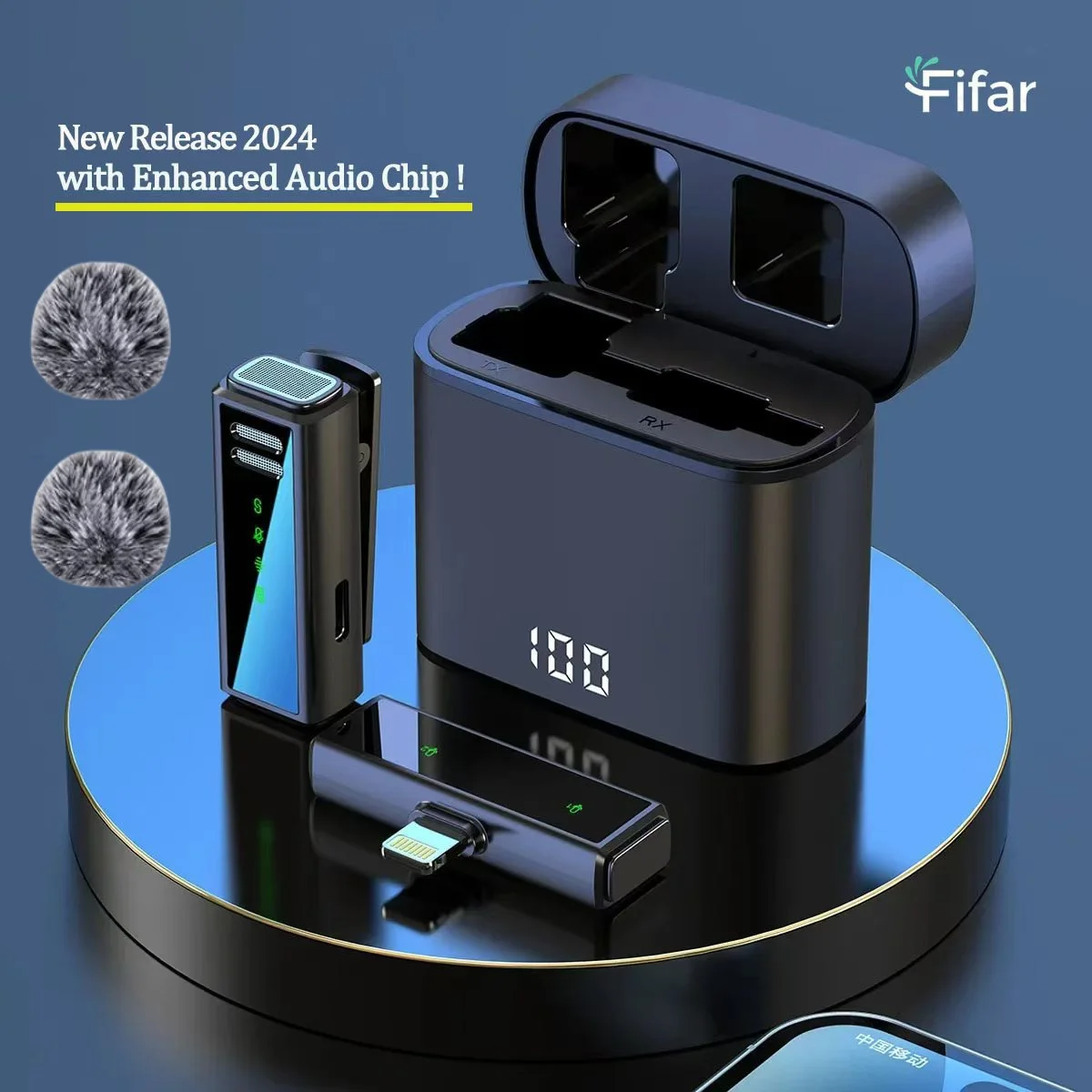 FIFAR Wireless Lavalier Lapel Microphone Portable Noise Reduction Audio Recording For iPhone Android PC With Charging Box-animated-img