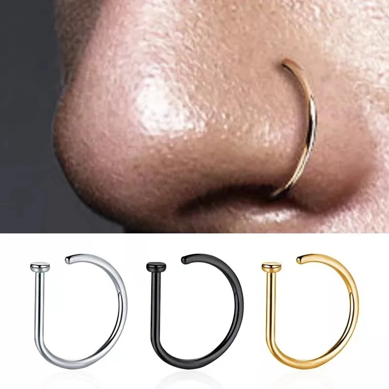 New Curved Barbells Fake Nose Piercing D Shaped Tragus Helix Stud Earring Hoop Septum Stainless Steel Ring Nostril Body Jewelry-animated-img