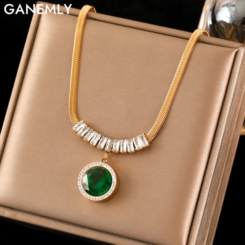 EILIECK 316L Stainless Steel Green Zirconia Crystal Pendant Necklace For Women New Waterproof Neck Chain Exquisite Jewelry Gift-animated-img