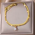 Zircon Circle Bead Anklets For Women Gold Color Stainless Steel Anklet Double Snake Chain Summer Beach Accessories Jewelry Gift preview-1