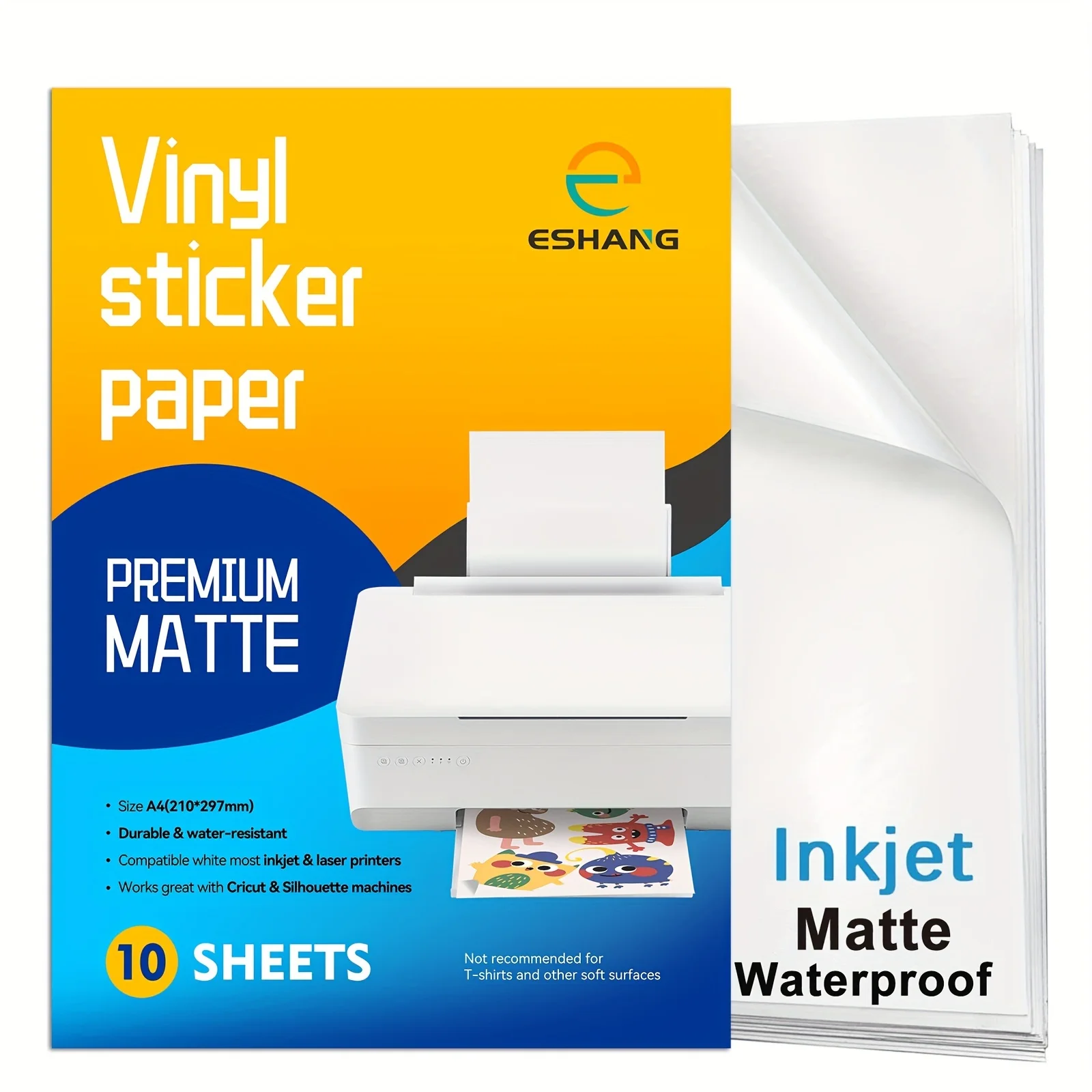 ESHANG A4 10 Sheets Premium Printable Vinyl Sticker Paper for Inkjet Printer Matte White Waterproof,Quickly Dry 8.3×11.7 Inches-animated-img