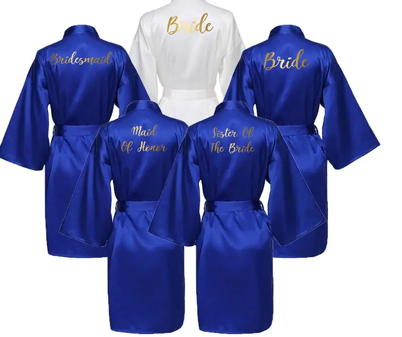 Silk Satin Robes Bridesmaid Bride Robes Bridesmaid Robes Wedding Long Robe Bathrobe Gold Print Royal Blue Robe-animated-img