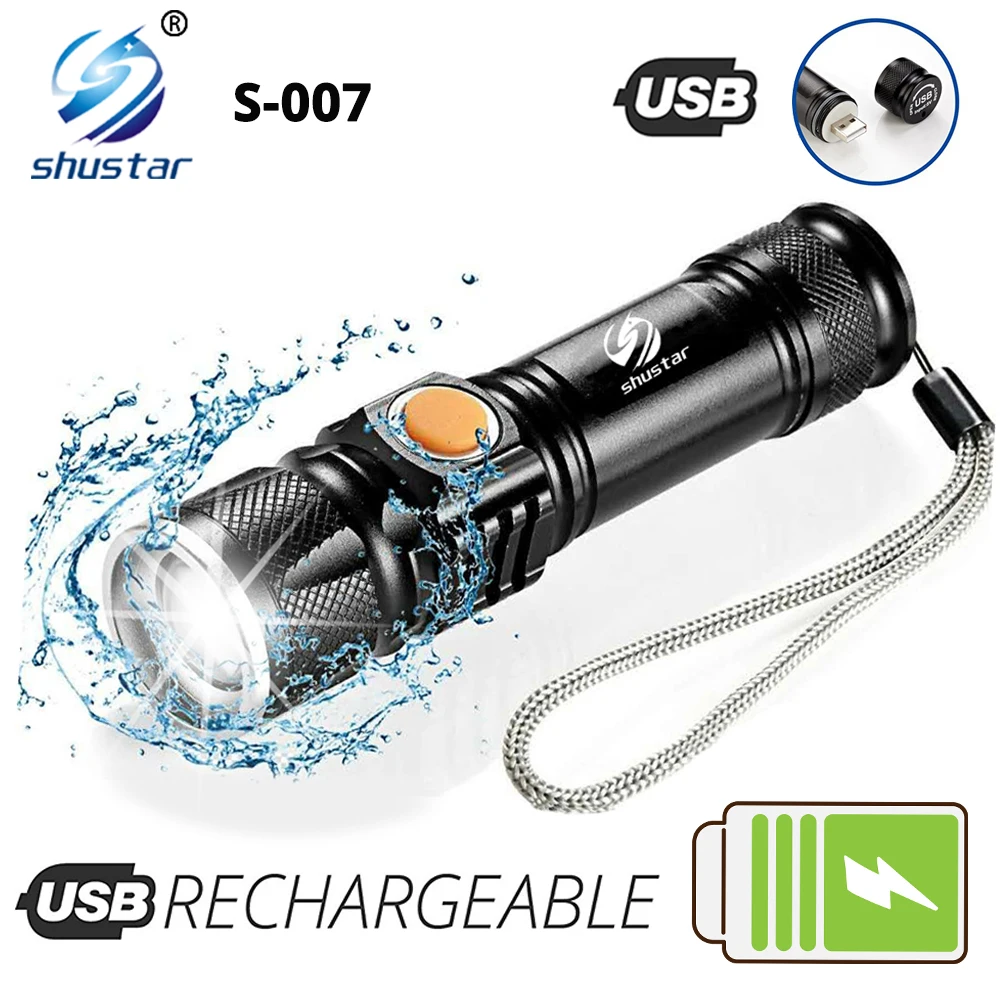 Powerful LED Flashlight With Tail USB Charging Head Zoomable waterproof Torch Portable light 3 Lighting modes Built-in battery-animated-img