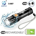 Powerful LED Flashlight With Tail USB Charging Head Zoomable waterproof Torch Portable light 3 Lighting modes Built-in battery