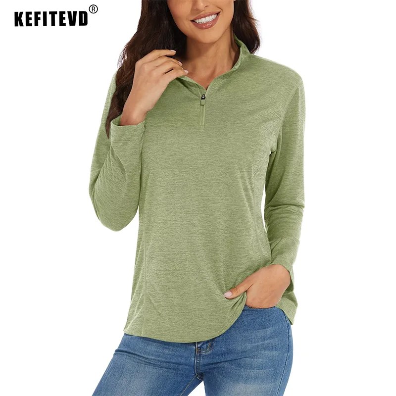 KEFITEVD UPF 50+ Long Sleeve Shirts Women 1/4 Zip Stand Collar Hiking Shirts Quick Drying Workout Running T Shirts Pullover Tops-animated-img