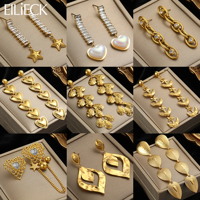 EILIECK 316L Stainless Steel Gold Color Long Pendant Tassel Drop Earrings For Women Fashion Trendy Ears Jewelry Wedding Gifts-animated-img