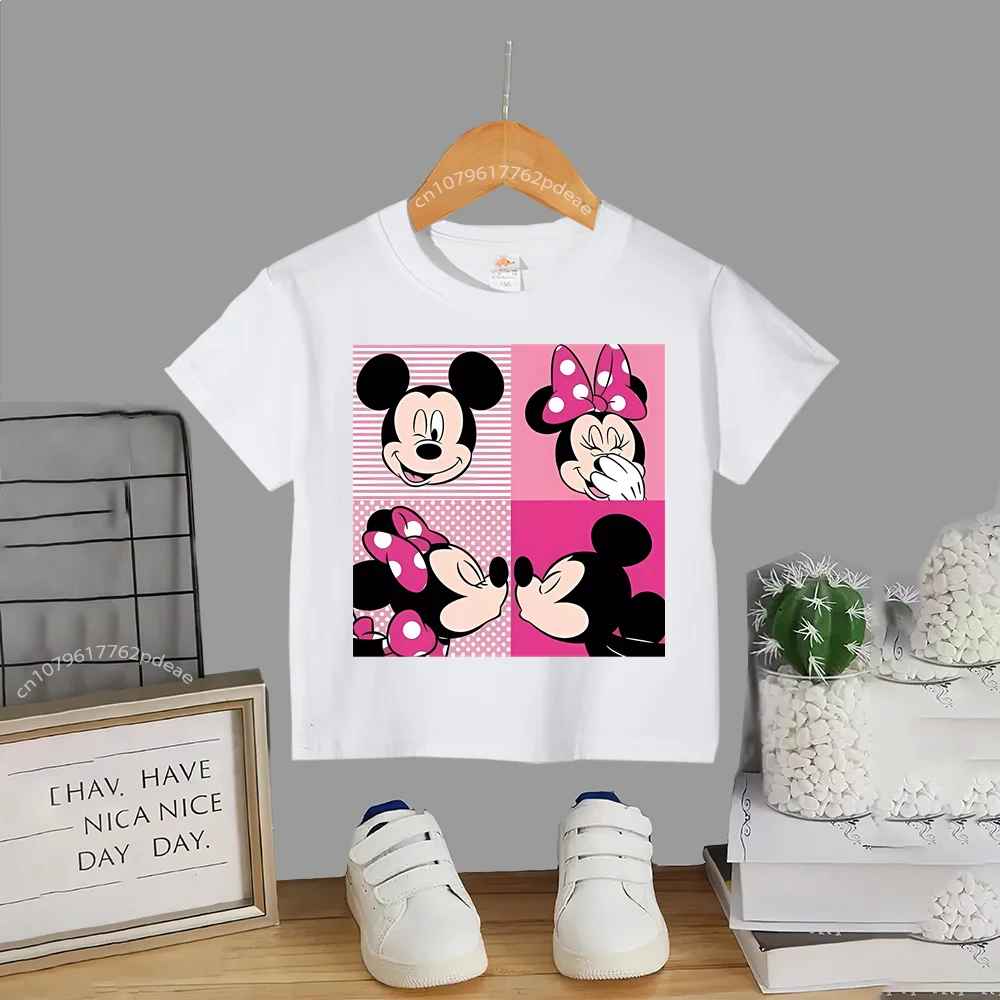 Disney Teen 100% Cotton T-shirt Kids Playful Mickey Minnie Print Casual Comfy Crew Neck T-shirt Boys Girls Short sleeved Harajuk-animated-img