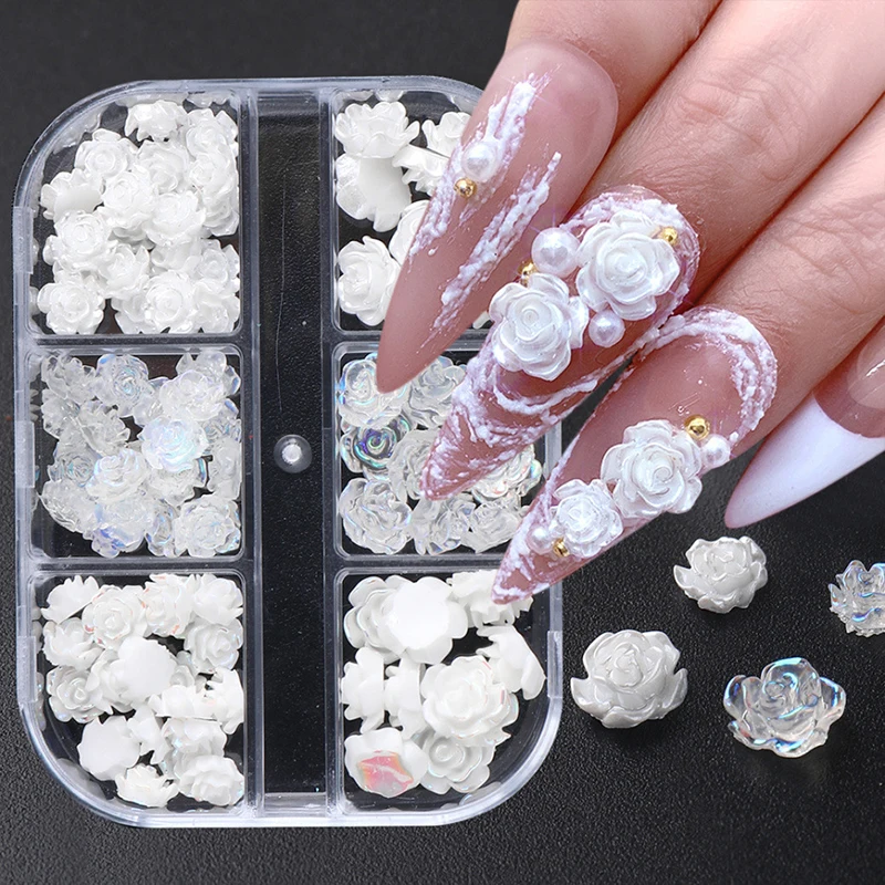 3D Flower Nail Charms, 12Colors 3D Acrylic Flower Nail Rhinestones with  Gold Silver Pearl Caviar Beads Spring Small Flores Nail Art Design for DIY