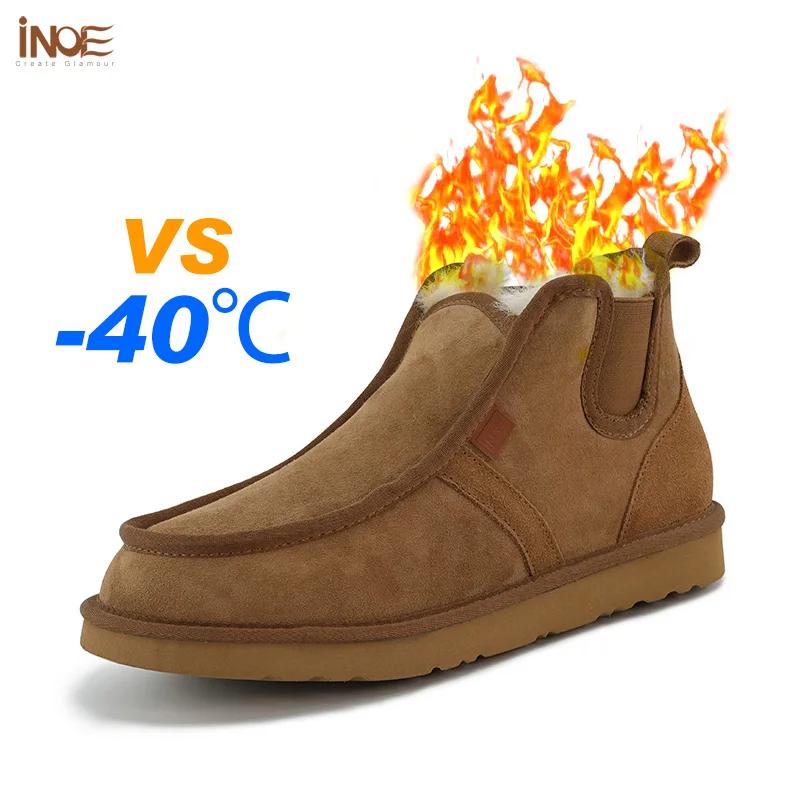 INOE Real Sheepskin Suede Leather Men Sheep Wool Fur Lined Winter Short Ankle Snow Boots With Zipper Keep Warm Shoes Slip On-animated-img