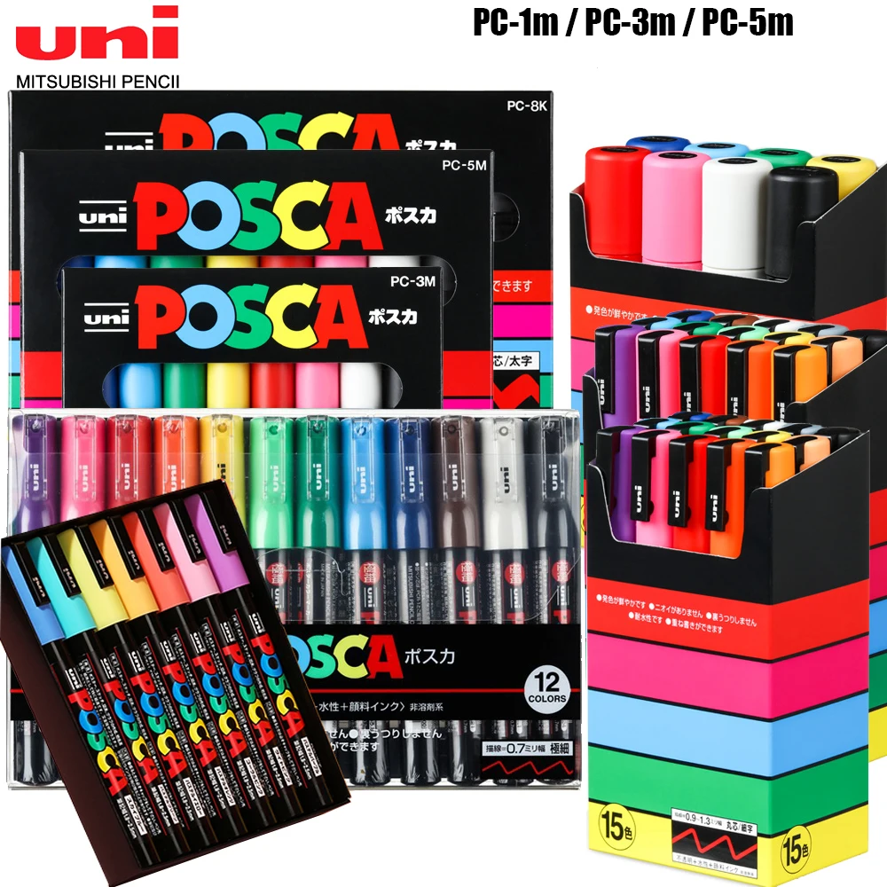 Uni Posca Full Set Acrylic Paint Markers Pens PC-1M PC-3M PC-5M  7/8/12/15/24/29C for Rock Painting,Frabric,Glass/Metal,Graffiti - AliExpress