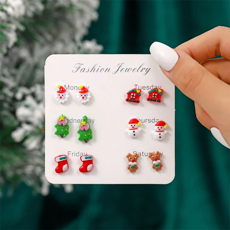 6 Pairs Christmas Combination Stud Earrings Set for Women Santa Claus Snowman Elk Xmas Tree Snowflake Earring Festival Jewelry-animated-img