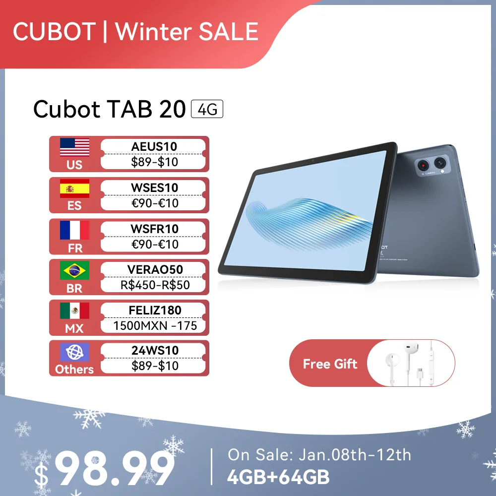 Cubot TAB 20, Tablet Android 13, 10.1 Screen, Octa-Core, 4GB+64GB(Support  1TB Extended), 6000mAh Battery, 4G Dual SIM, WIFI,GPS