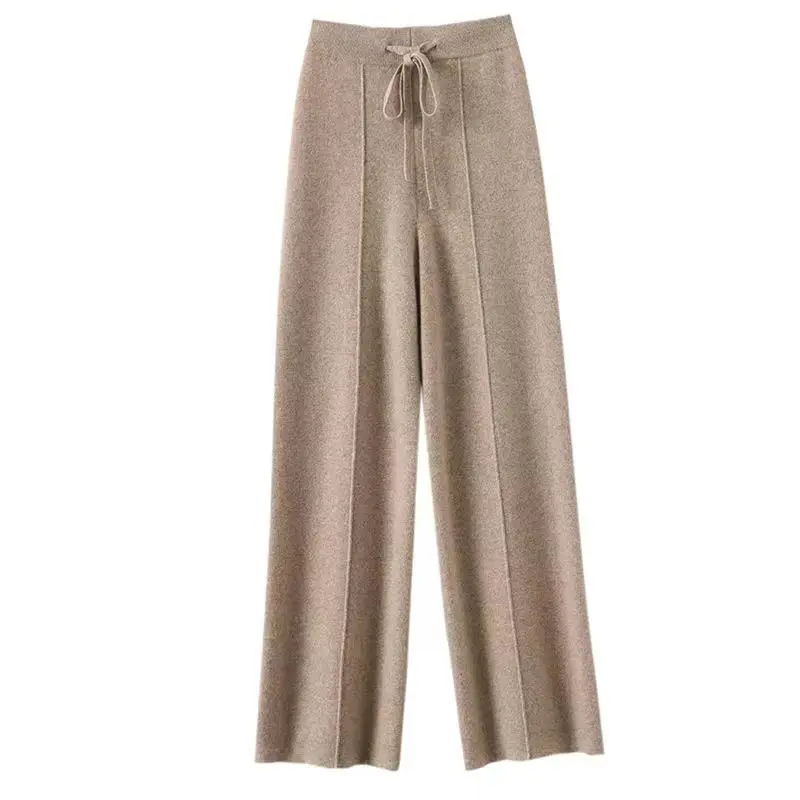 100% Merino Wool Pants Ladies High waist Trousers Autumn/ Winter Warm  Knitted Wide-leg Pants