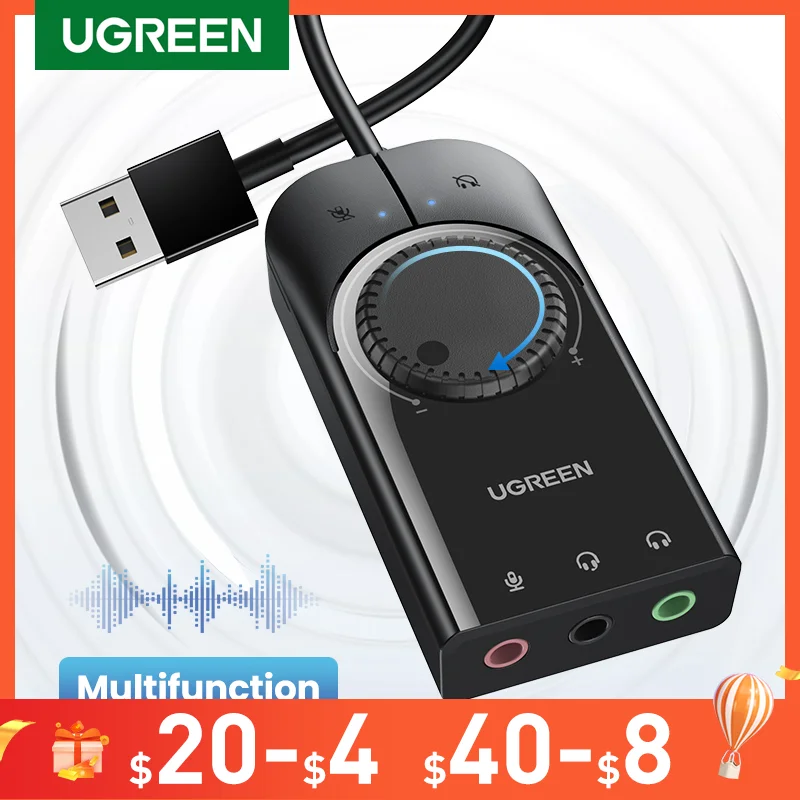 UGREEN Sound Card USB Audio Interface External 3.5mm Microphone Audio Adapter Soundcard for PC Laptop PS4 Headset USB Sound Card