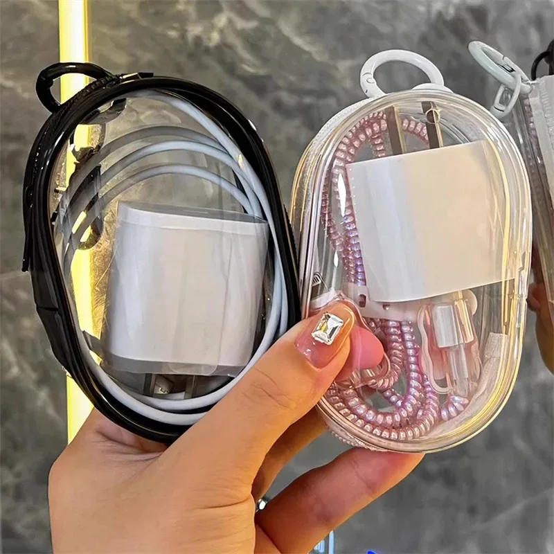 Transparent PVC Cosmetic Bags Data Cable Earphone Storage Organizers Round Black Storage Pouches Home Storage Organization-animated-img