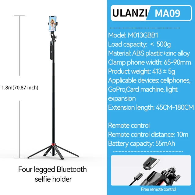 Ulanzi MA09 1.8m Selfie Stick Tripod for iPhone 11 12 13 14 15 Pro Max Phone with Remote Control with Panoramic Ball head Holder-animated-img